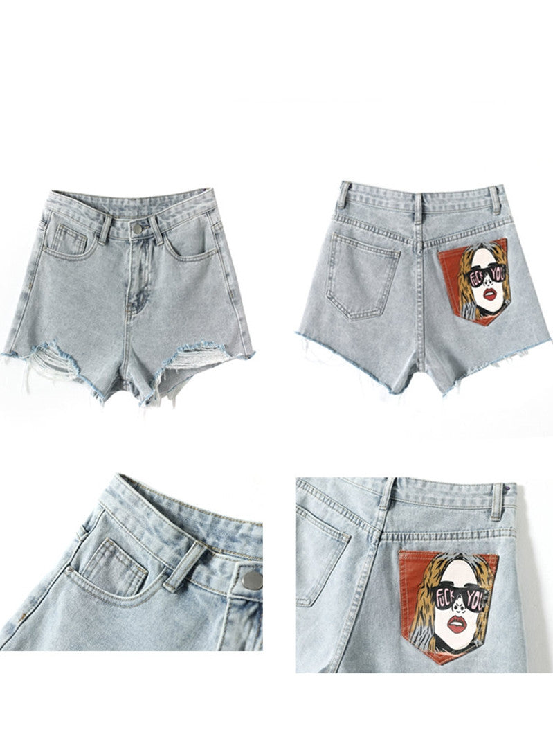 Street Style Personality Print Denim Shorts