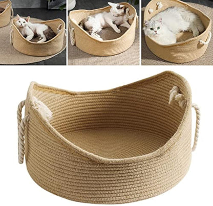 Boho Comfort: Minimalist Woven Cotton Rope Basket Cat Bed and Scratcher