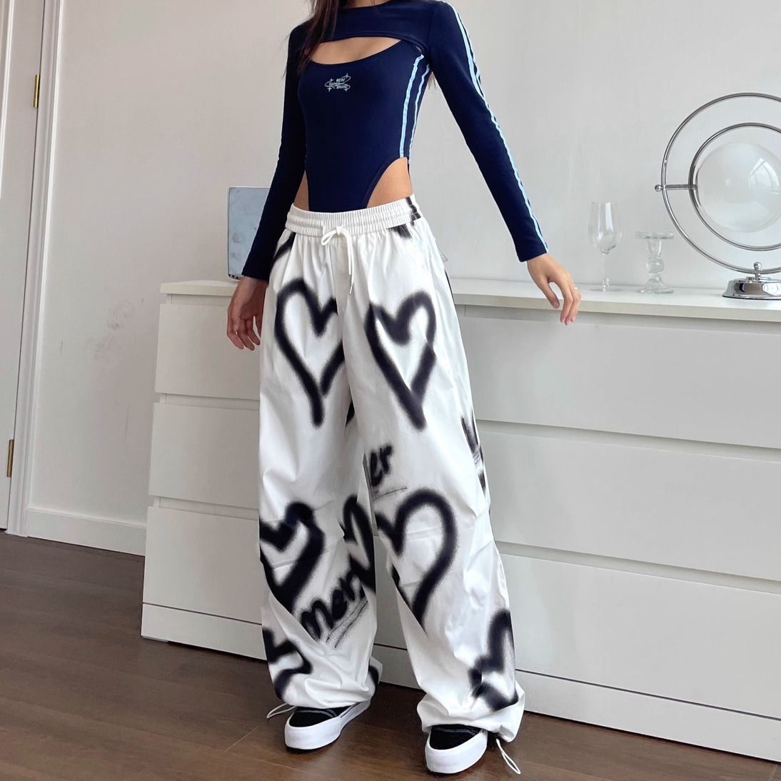 Womens Vintage Heart Printed Pink Pants