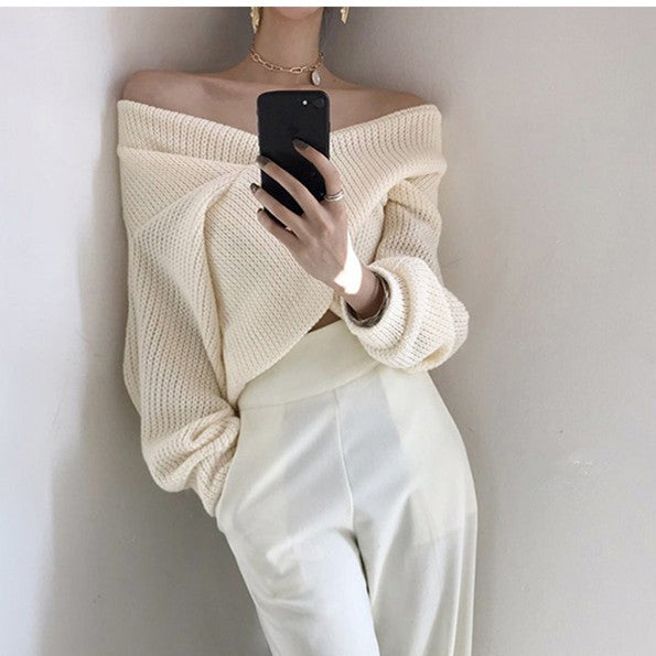 Chic White V Neck Knit Sweater