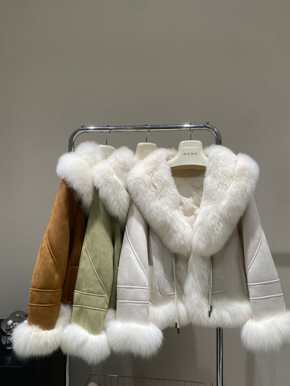 New Green Stitching Large Lapel Collar Fur Inside Coat For Women