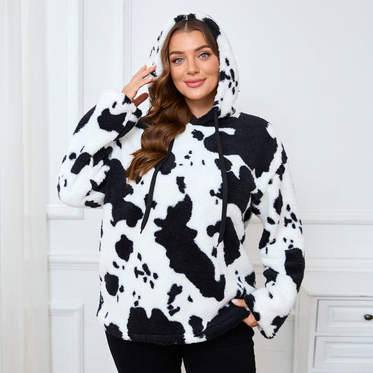Womens Plus Size Black Embroidery Cat Hoodie