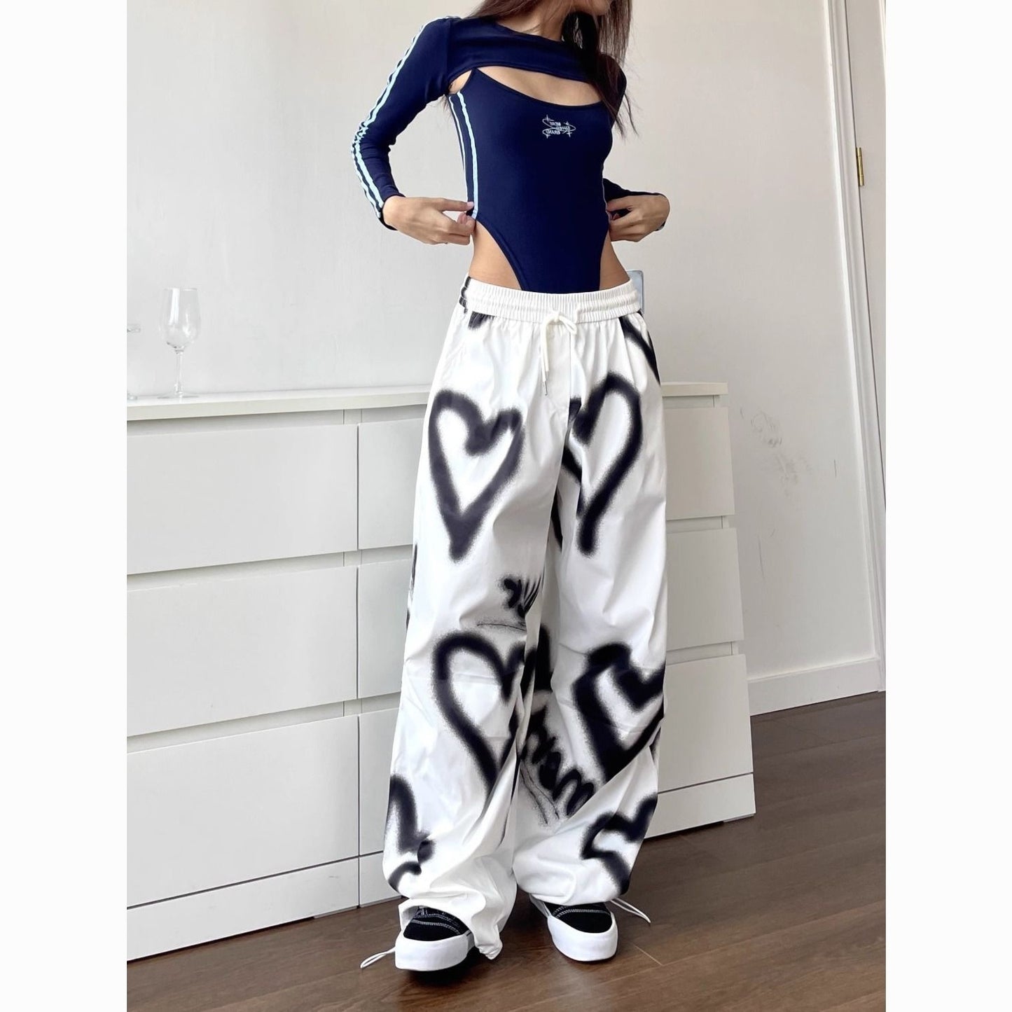 Womens Vintage Heart Printed Pink Pants