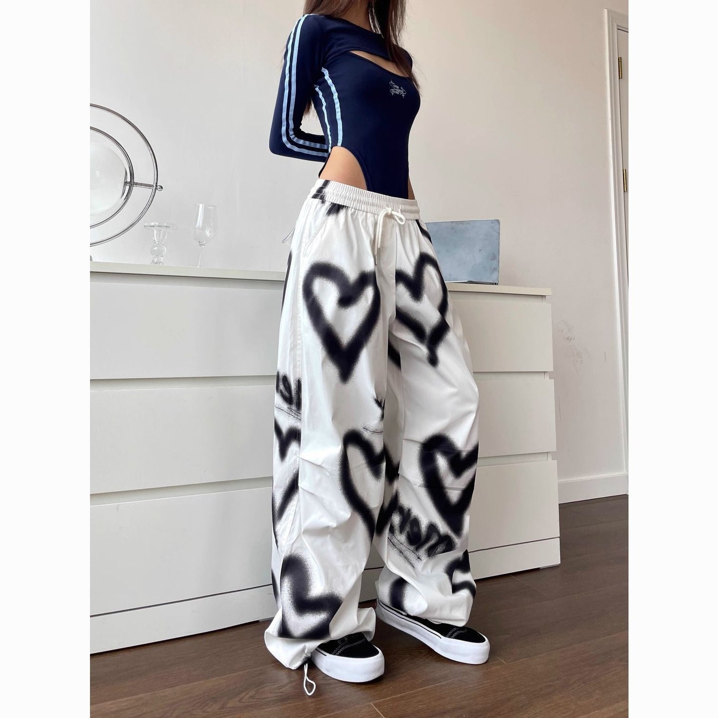 Womens Vintage Heart Printed Pink Pants