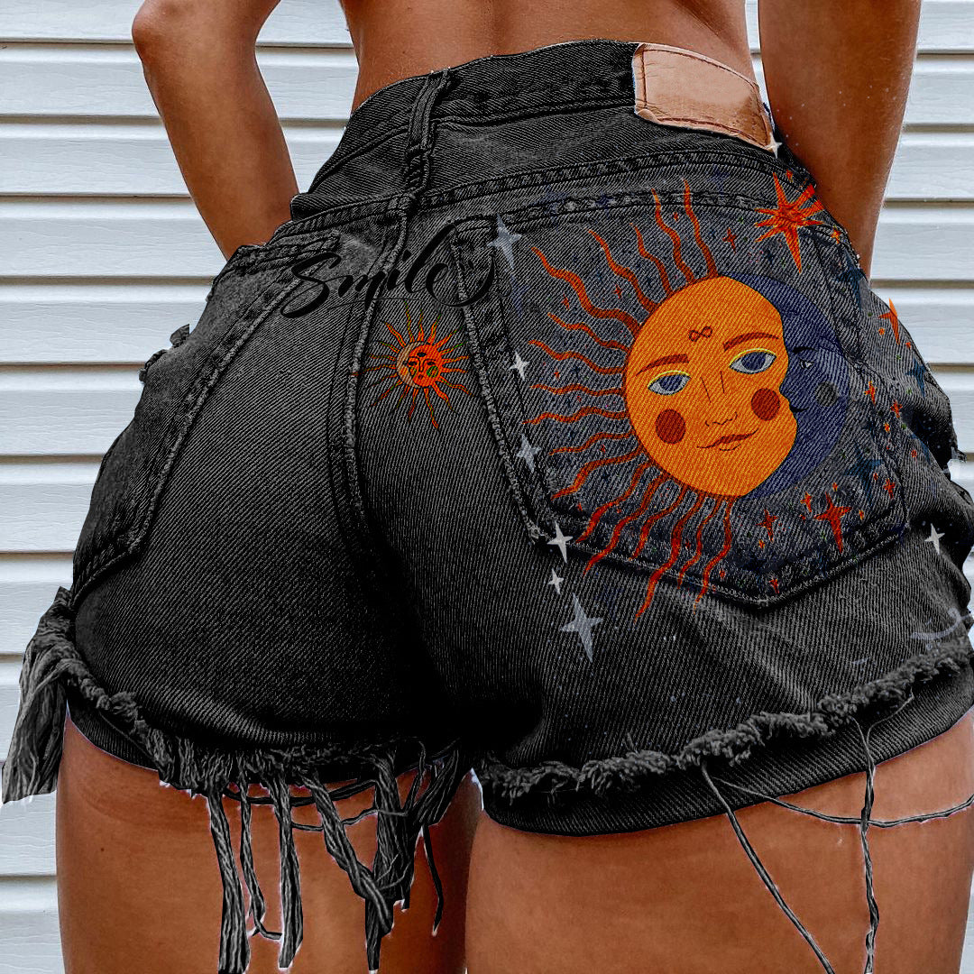 Street Style Personality Print Denim Shorts