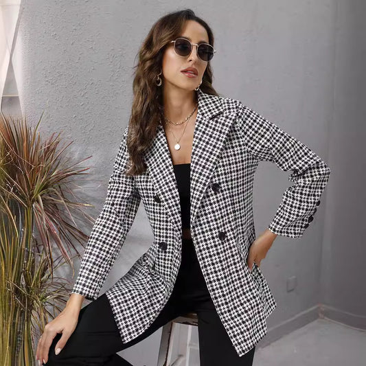 Womens Elegant Houndstooth Long Coat