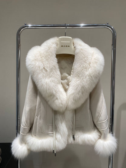 New Green Stitching Large Lapel Collar Fur Inside Coat For Women