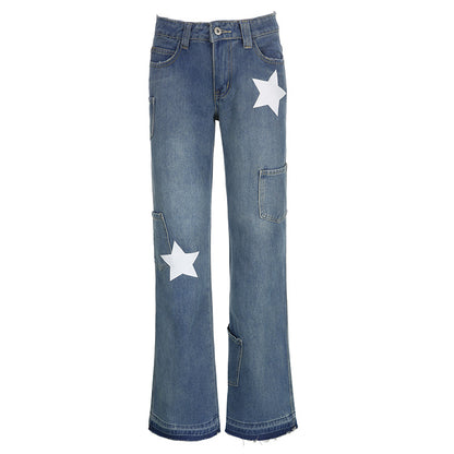 Straight Leg Star Print Ripped Jeans