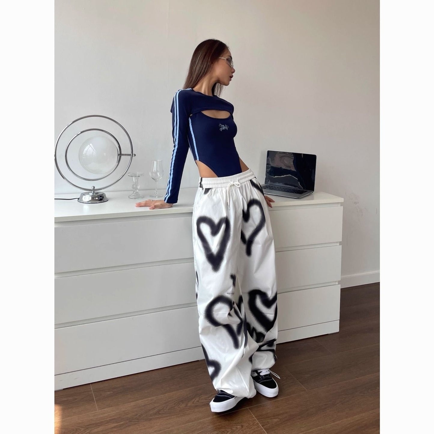 Womens Vintage Heart Printed Pink Pants