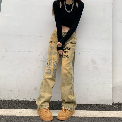Personality Smile Print High Waist Washed Jeans