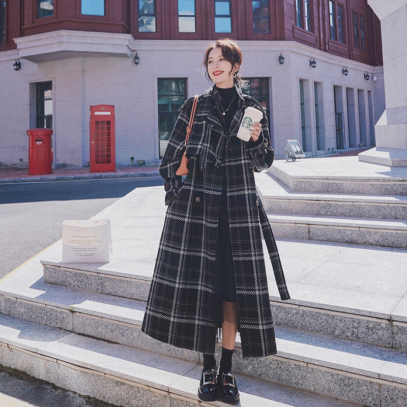 Womens Plaid Wool Thick Velvet Mid Length Coats