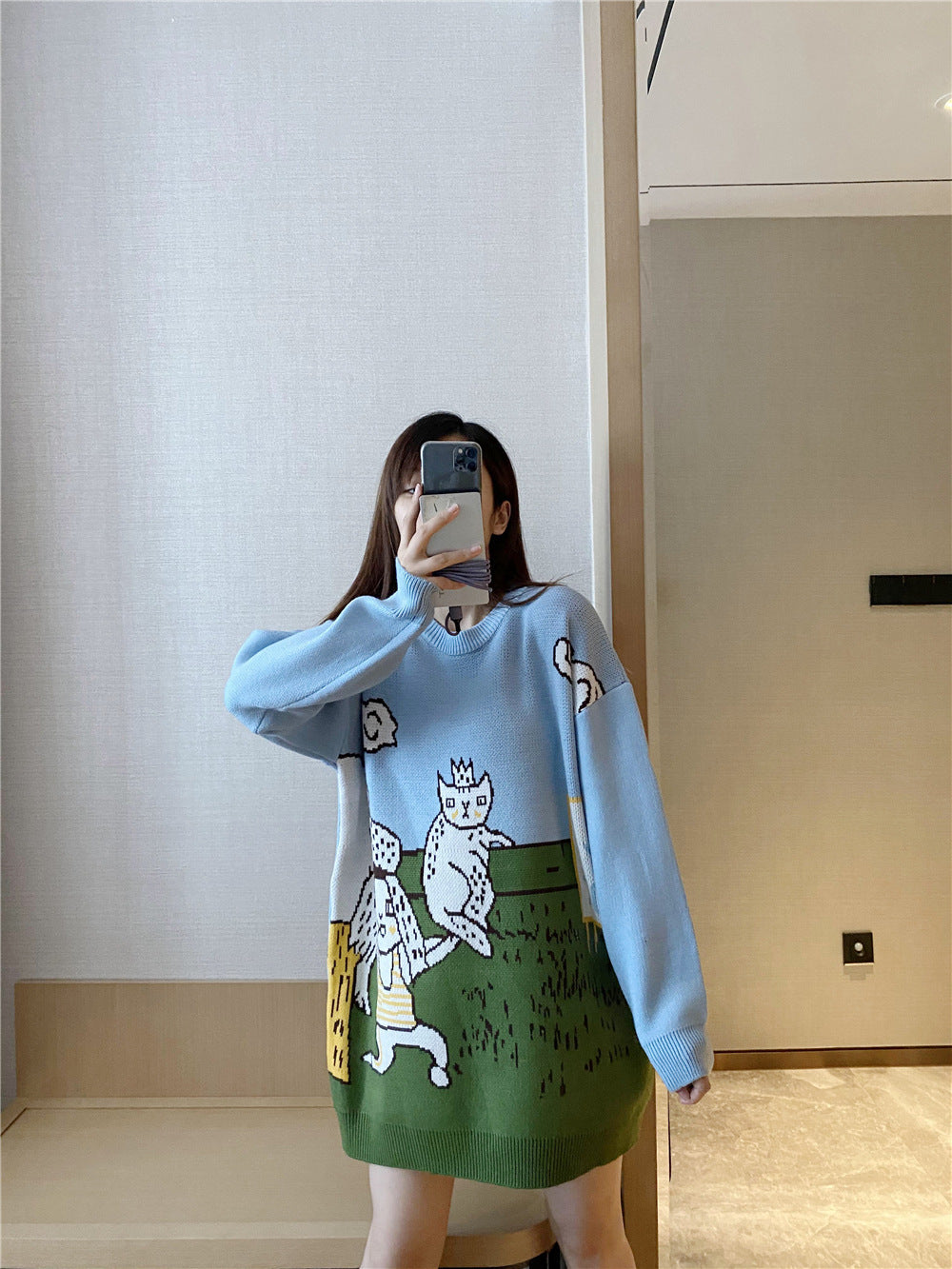 Cartoon Cat Embroidery V Neck Womens Sweater
