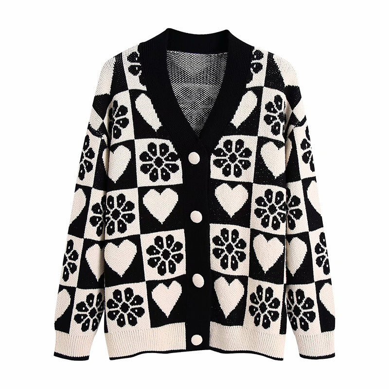 Women Black Drawing V Neck Cardigans