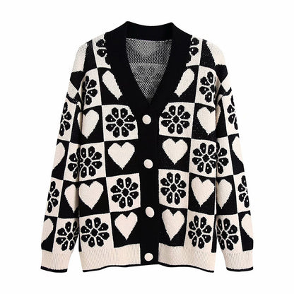 Women Black Drawing V Neck Cardigans