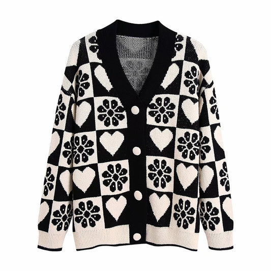 Women Black Drawing V Neck Cardigans