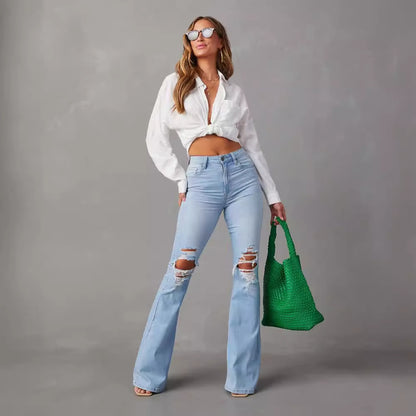 New Casual Ripped Women Blue Jeans Pants