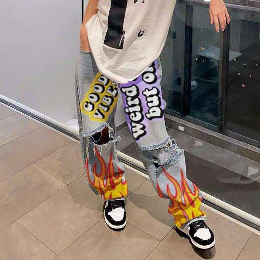 Womens High Waist Cartoon Printed Denim Jeans