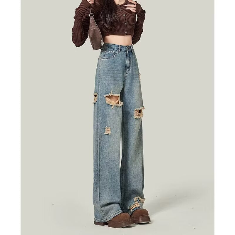 Womens Ripped High Waisted Baggy Jeans