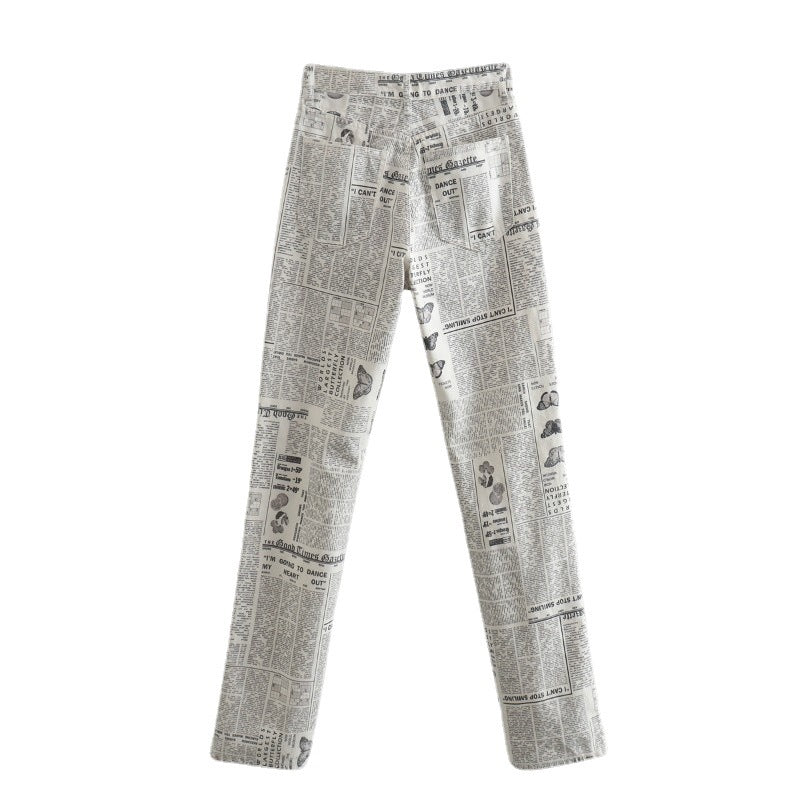 Casual Newspaper Print High Waist Pants