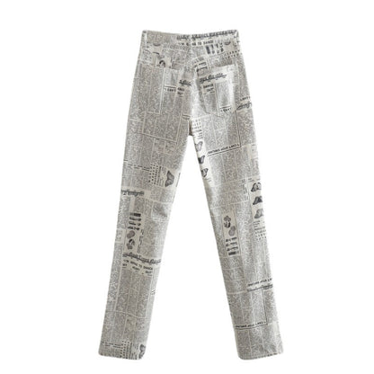 Casual Newspaper Print High Waist Pants