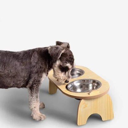 Cats Wooden Stand Stainless Steel Bowls
