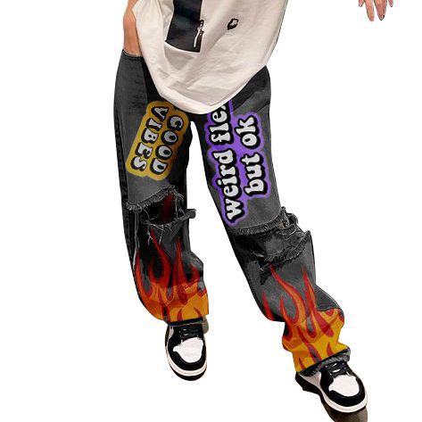 Womens High Waist Cartoon Printed Denim Jeans