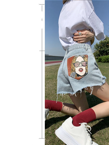 Street Style Personality Print Denim Shorts