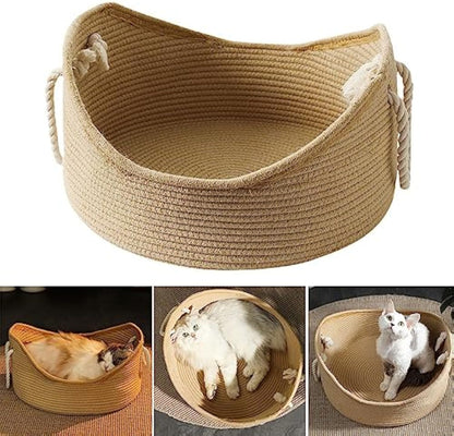 Boho Comfort: Minimalist Woven Cotton Rope Basket Cat Bed and Scratcher