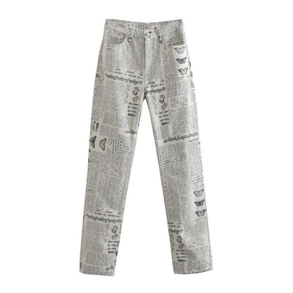 Casual Newspaper Print High Waist Pants