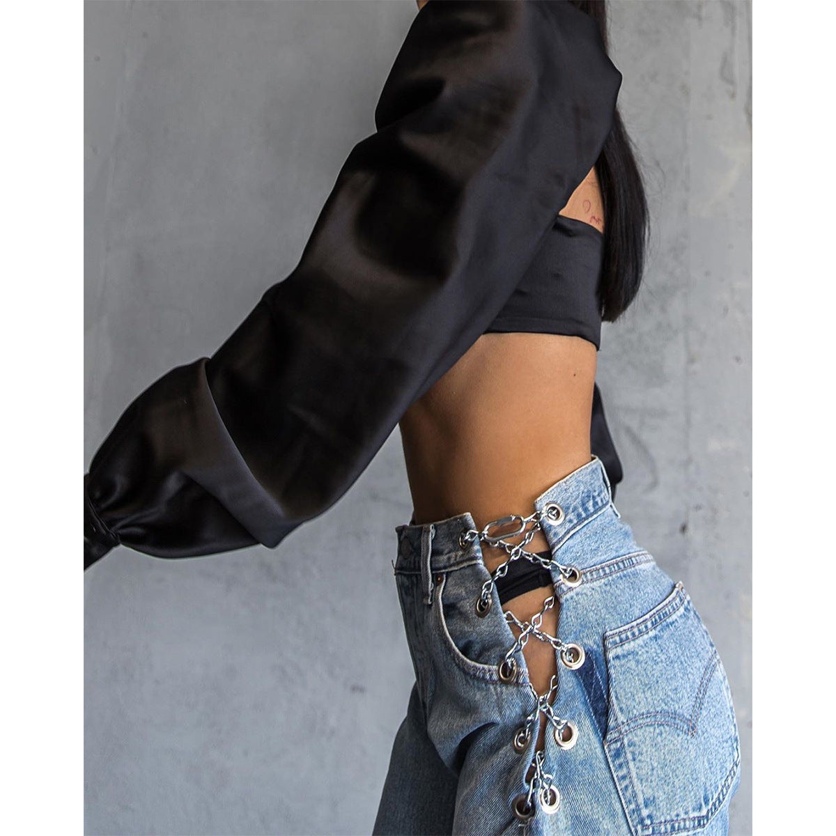 Womens High Waist Chain Streetwear Jeans