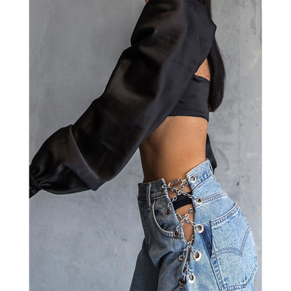 Womens High Waist Chain Streetwear Jeans