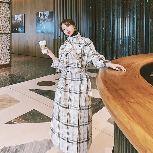 Womens Plaid Wool Thick Velvet Mid Length Coats