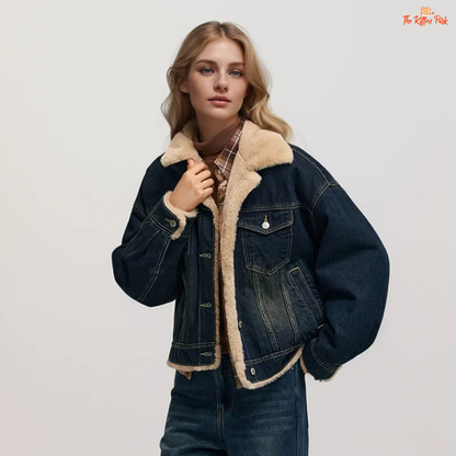 A women’s patchwork denim jacket with quilted design, faux fur lapel, and single-breasted closure for cozy winter wear.