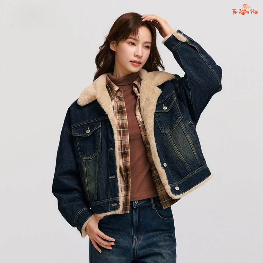 A women’s patchwork denim jacket with quilted design, faux fur lapel, and single-breasted closure for cozy winter wear.