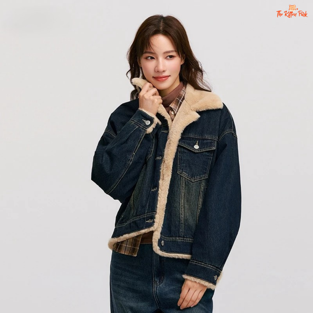 A women’s patchwork denim jacket with quilted design, faux fur lapel, and single-breasted closure for cozy winter wear.