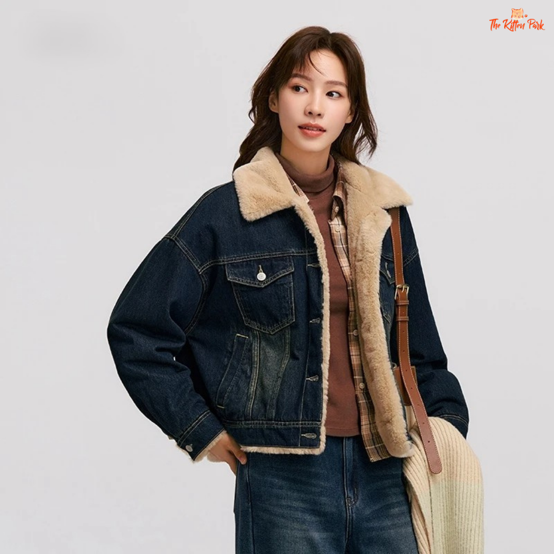A women’s patchwork denim jacket with quilted design, faux fur lapel, and single-breasted closure for cozy winter wear.