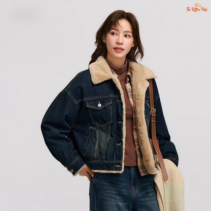 A women’s patchwork denim jacket with quilted design, faux fur lapel, and single-breasted closure for cozy winter wear.