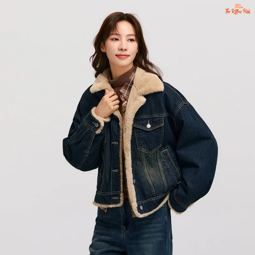 A women’s patchwork denim jacket with quilted design, faux fur lapel, and single-breasted closure for cozy winter wear.