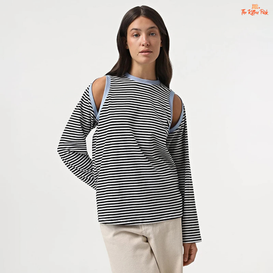 Striped Y2K off-shoulder top for women with contrast long sleeves, hollow-out detail, and a figure-hugging stretchy fit.