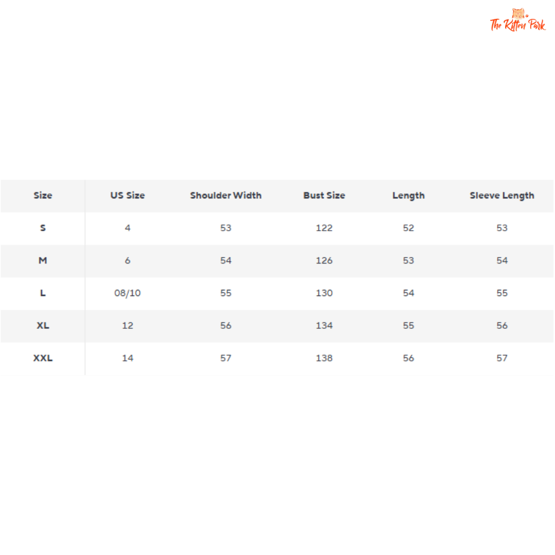 Size chart for clothing with measurements in millimeters