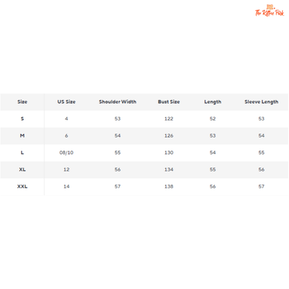 Size chart for clothing with measurements in millimeters