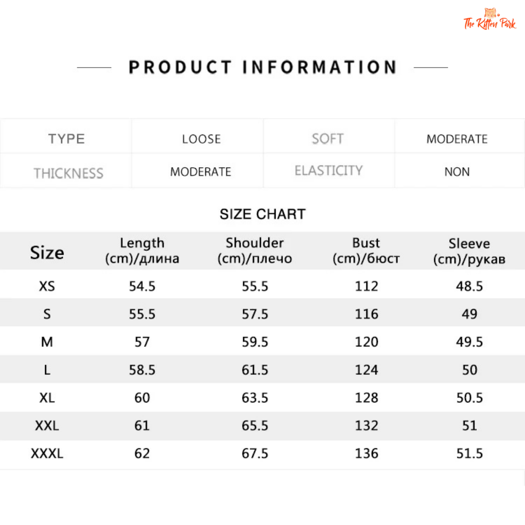 Size chart for clothing with dimensions in centimeters