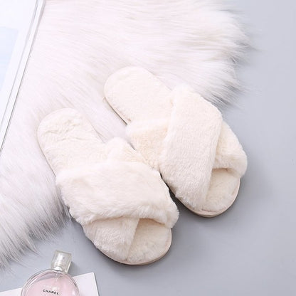 Cozy Faux Fur Winter Style Cross Indoor Slippers