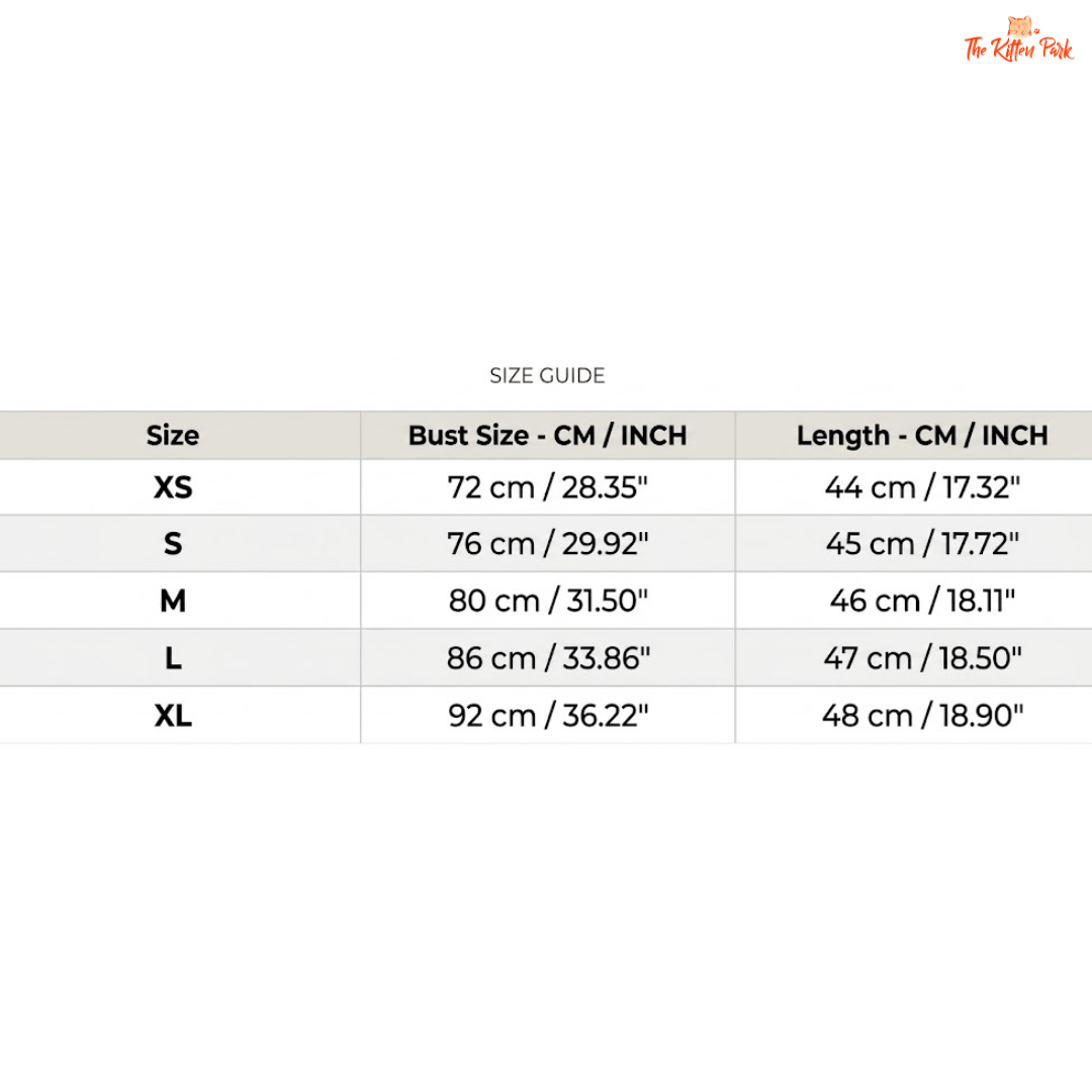 Size guide chart for clothing with bust and length measurements in centimeters and inches.