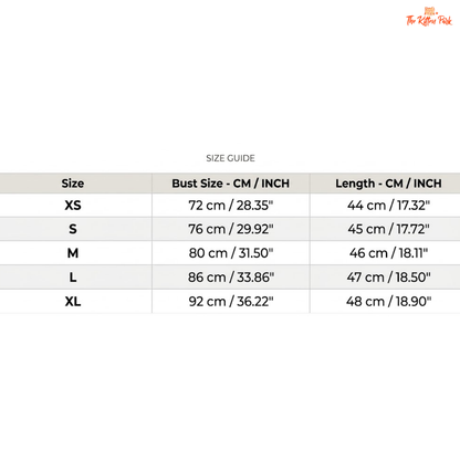 Size guide chart for clothing with bust and length measurements in centimeters and inches.