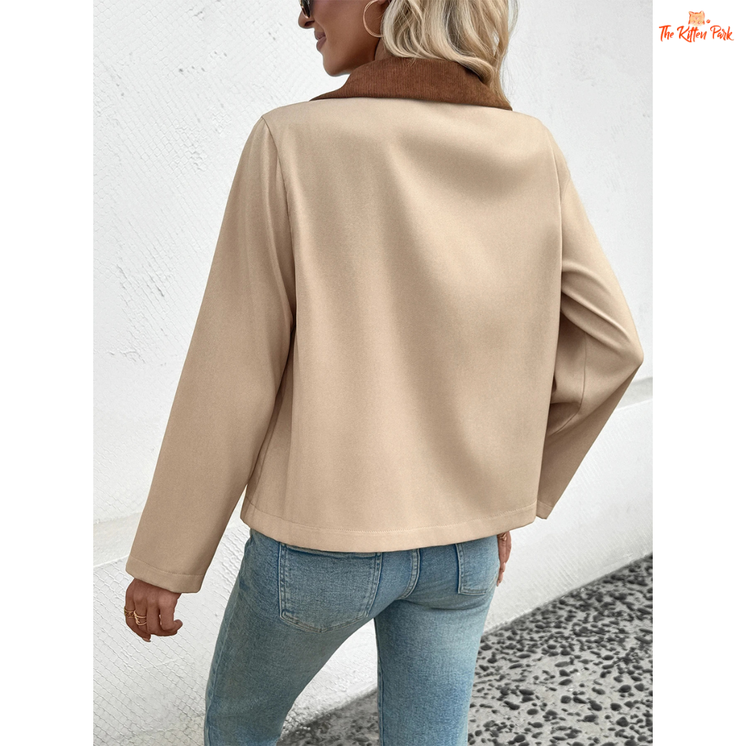 Autumn color-block jacket for women featuring trendy patchwork design, zipper closure, and casual streetwear style in beige tones for autumn and winter.