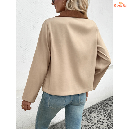 Autumn color-block jacket for women featuring trendy patchwork design, zipper closure, and casual streetwear style in beige tones for autumn and winter.