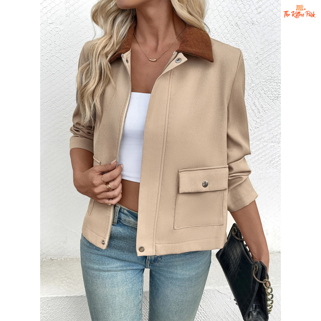 Autumn color-block jacket for women featuring trendy patchwork design, zipper closure, and casual streetwear style in beige tones for autumn and winter.