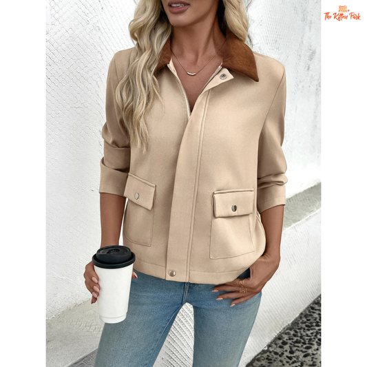 Autumn color-block jacket for women featuring trendy patchwork design, zipper closure, and casual streetwear style in beige tones for autumn and winter.