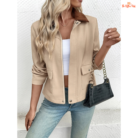 Autumn color-block jacket for women featuring trendy patchwork design, zipper closure, and casual streetwear style in beige tones for autumn and winter.